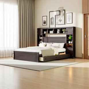 Wooden Bed With All-In-One Cabinet, Shelf And Sockets
