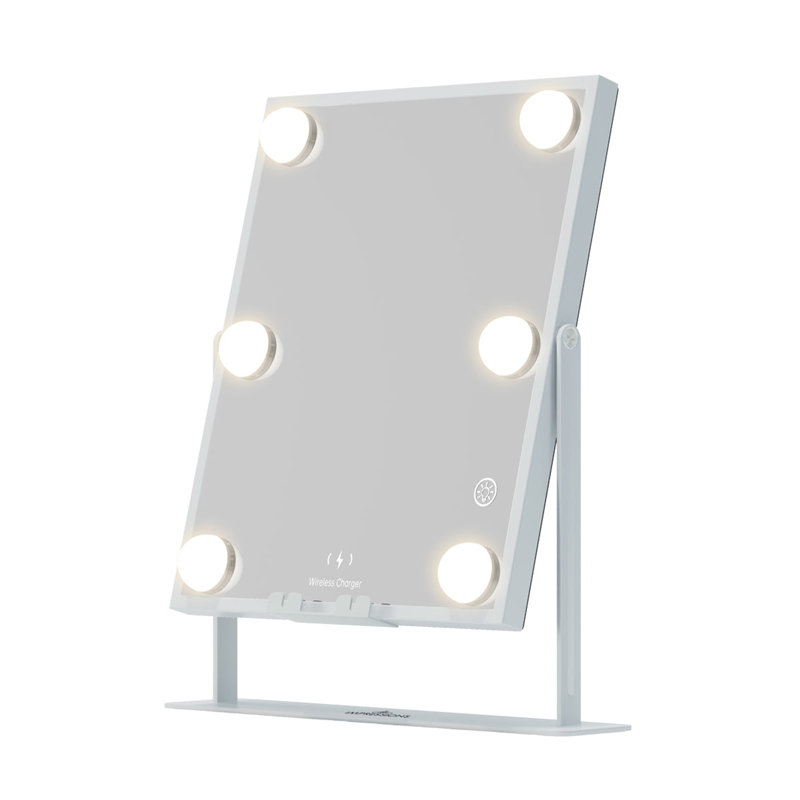 Miroir de maquillage Hollywood à trois tons avec haut-parleurs Bluetooth et 6 ampoules DEL intégrées de longue durée, Blanc