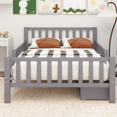 Wood Platform Bed With Guardrails On Both Sides And Two Storage Drawers,