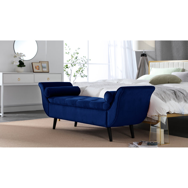Banc très long de 65 pouces, matériau en velours, centre de vestibule polyvalent au look rétro, essentiel pour le salon, Navy