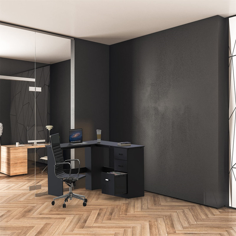 Bureau d'ordinateur de coin moderne en L noir - Solution compacte pour un bureau ou un dortoir, Noir, Noir