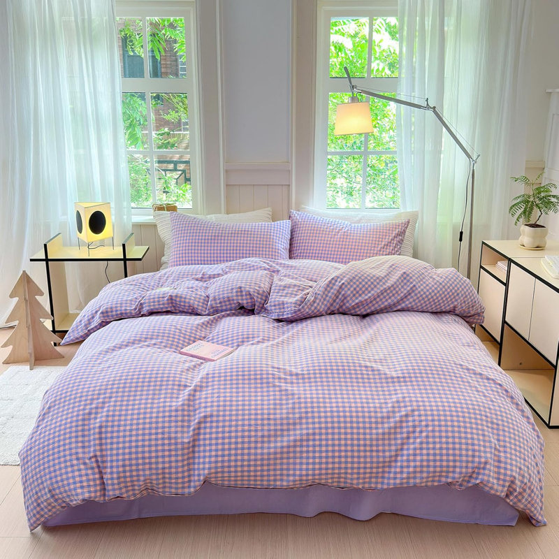 Washed Cotton Boho Soft Duvet Cover Set, Queen Duvet Cover + 2 Standard Pillowcases, Purple