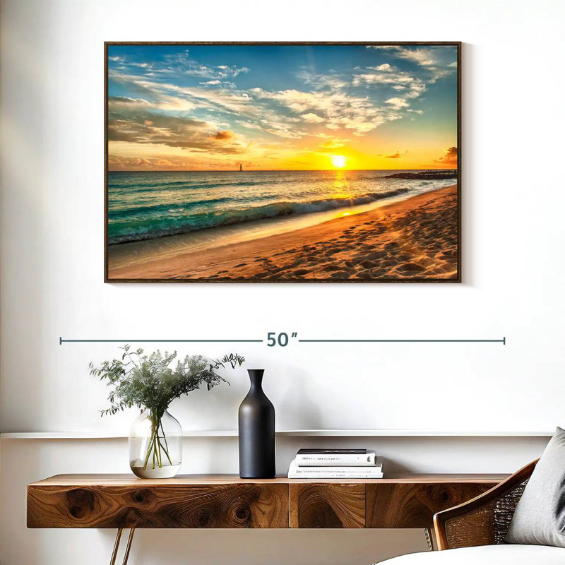Senne de la Barbade, coucher de soleil, Cadre flottant en noyer, 40 po x 27 po