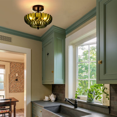 3-light Modern Black Semi Flush Mount Ceiling Light With Scalloped Green Glass Shade
