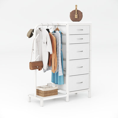 40cm W 5 - Drawer Chest of Drawers,Dresser with Hanging Rack,Extra Large Capacity Drawers with Huge Storage Space, Reversible Dresser for Bedroom with 5 Fabric Drawers & 2 Coat Racks & without Charging Station and LED Lights