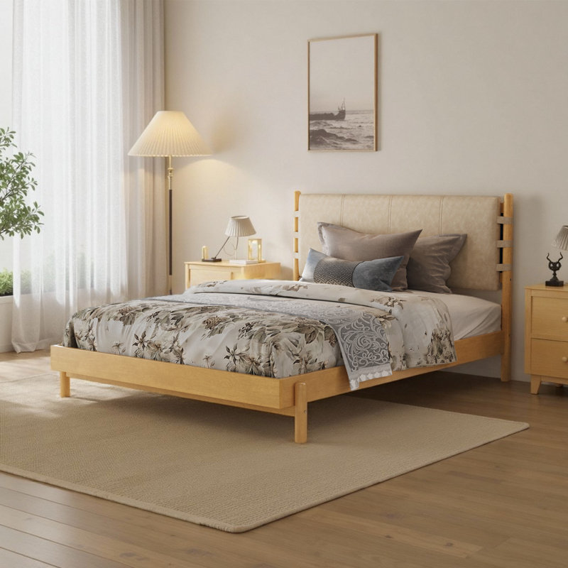 Mid Century Modern Bed Frame – Platform Bed with Headboard Included, Beige, Queen