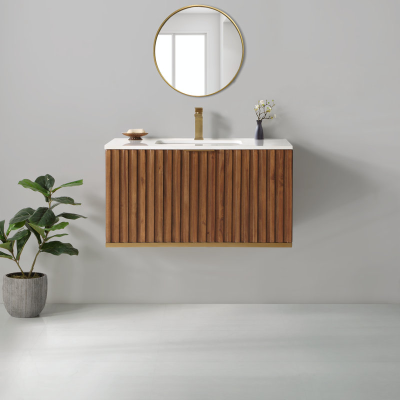 Terra 36'' W Single Vanity, Walnut, White Granite, Satin Brass