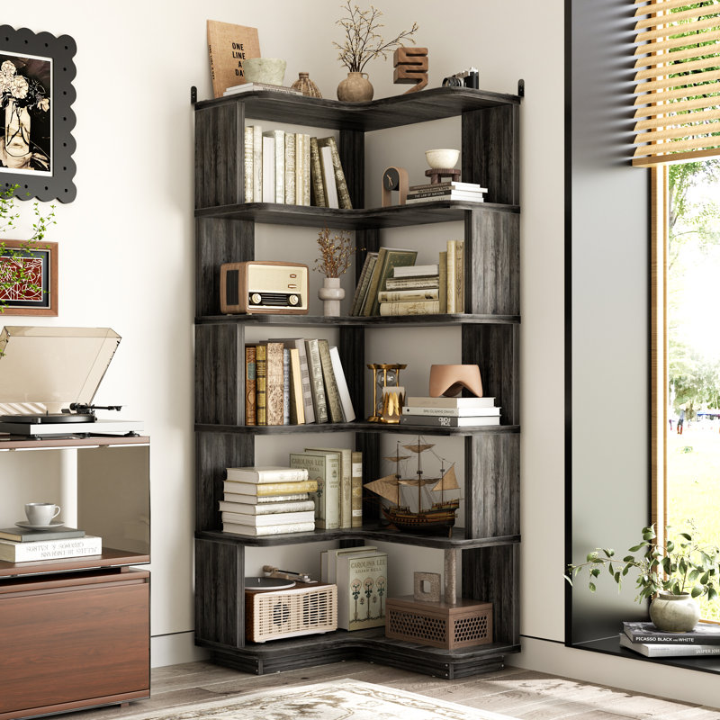 63.8"H 6-Tier L-Shaped Corner Bookshelf, Gray Oak