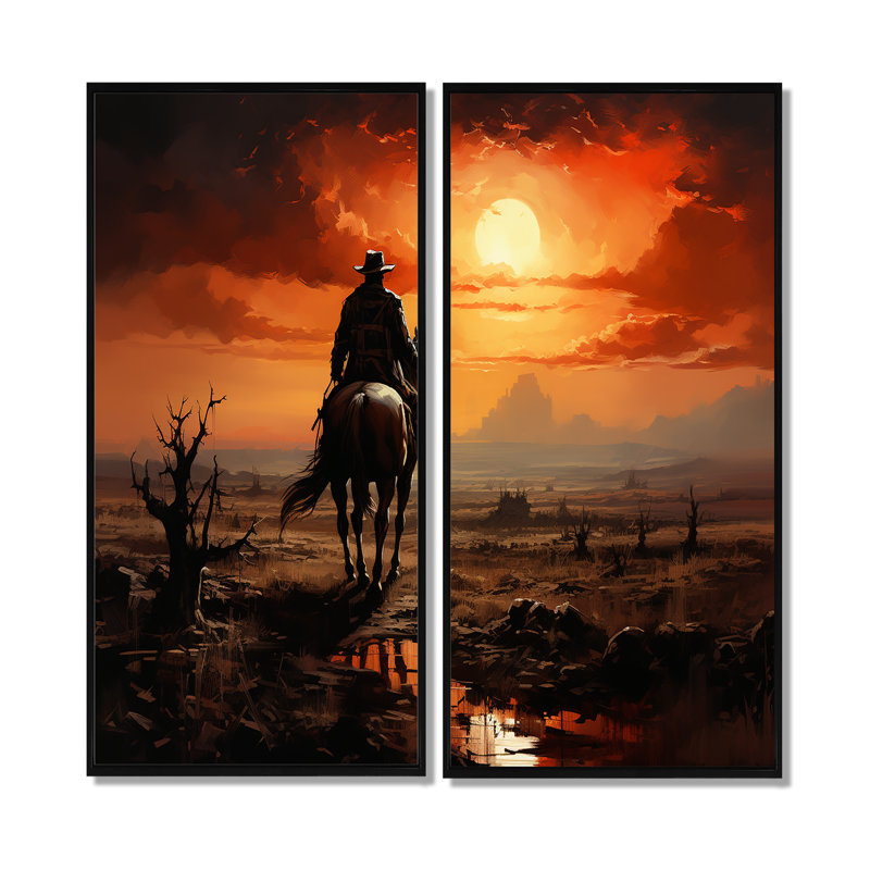 Cowboy Sunrise On The - ensemble de 2 décorations murales orange, H 20 po x l 24 po, Impression encadrée flottante, Noir