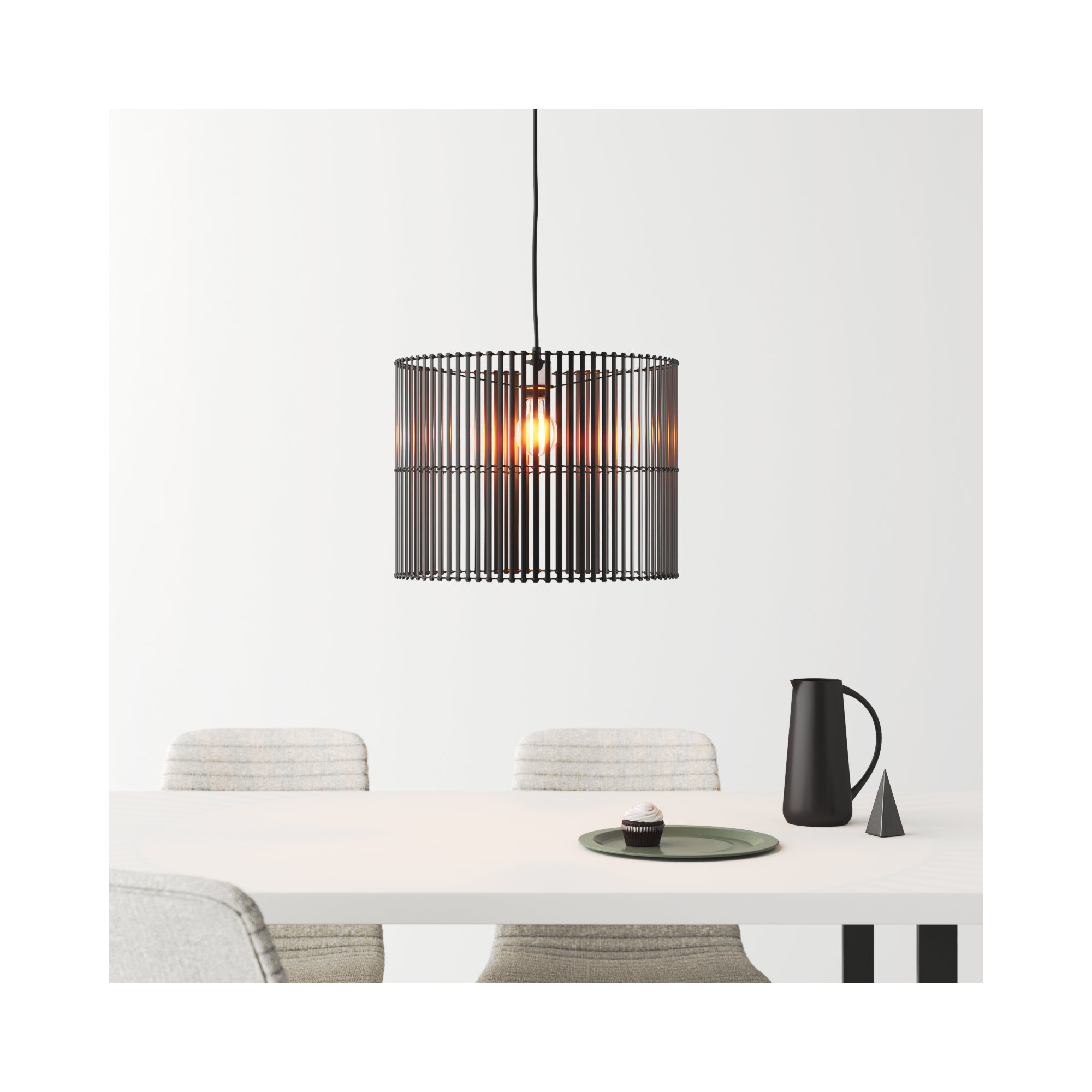 Fareholm Single Light Rattan Dimmable Pendant, Black