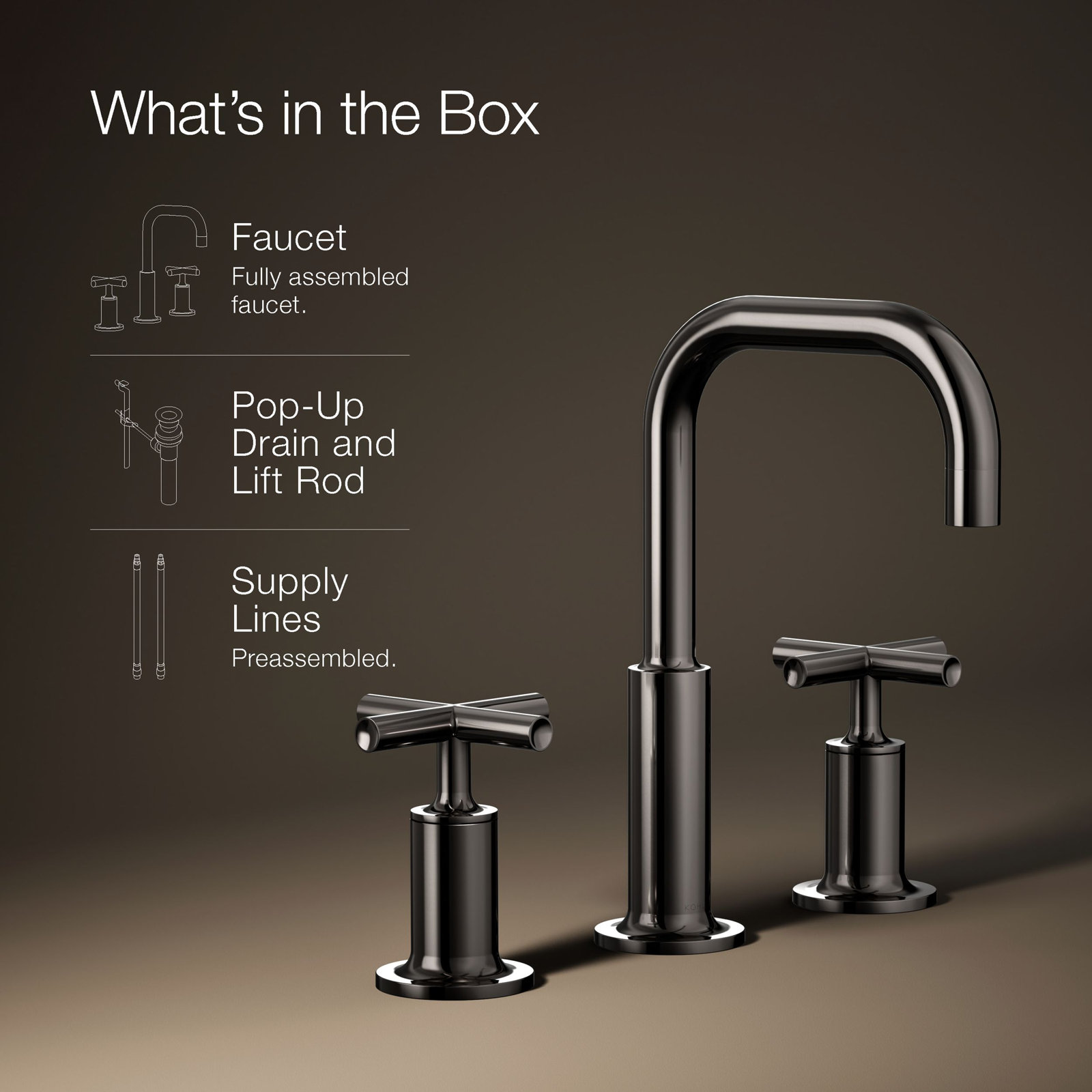 Kohler Purist Widespread Bathroom Faucet with Pop-Up Drain Assembly, 3-Hole High Arc Cross Handle Bathroom Sink Faucet, 1.2 gpm
