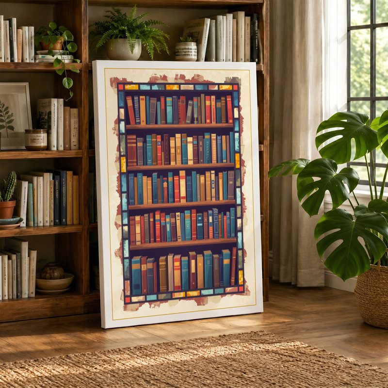 Bookshelf in Colour Modern - Wrapped Canvas, 18x12 - 45.7 x 30.5 cm, Ochre Border