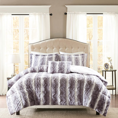 Literie en fausse fourrure grise pour très grand lit, avec 2 taies décoratives et coussin décoratif