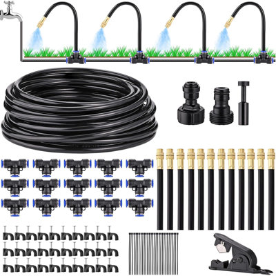 RAINBEAN 50FT Automatic Drip Irrigation Kit – Garden Watering System With 15 Brass 360° Bending Dropper Atomizing Mist Nozzles, Tee & Accessories, 5/16 Inch Hose
