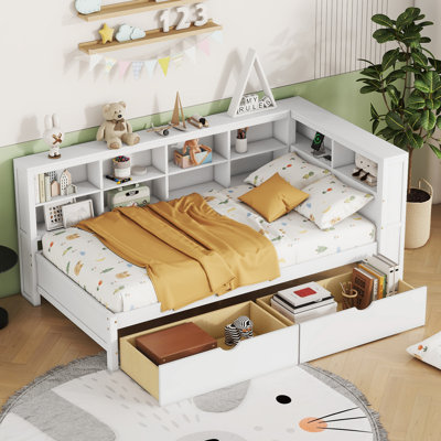 Twin Size Wooden Daybed with 2 Drawers, Storage Shelf & USB Charging Ports, White