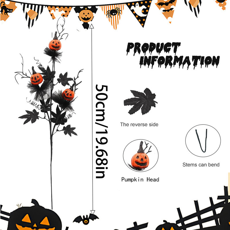 5 pièces de tiges d'Halloween artificielles avec citrouilles, feuilles d'érable noires, faux choix de branches de saule frisé, brindilles décoratives pour Halloween, bricolage, fête de l'artisanat, décoration de la maison (noir)