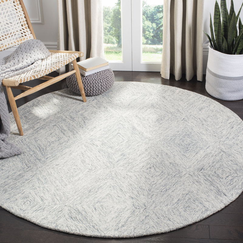Tapis argenté en laine touffeté à la main à motif géométrique, Rond 6 pi