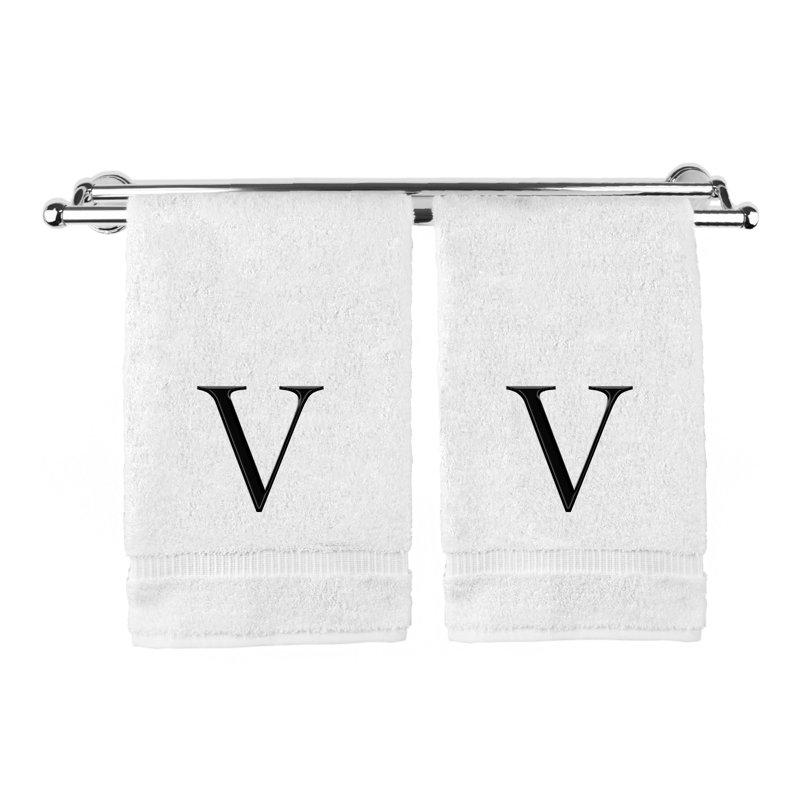 Essuie-mains monogrammés - ensemble de 2 - lettre bloc, V, Blanc / noir