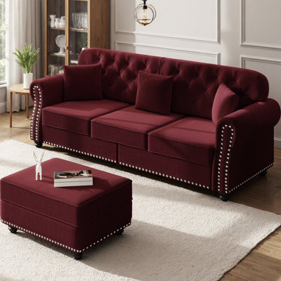 82.6" Upholstered Velvet L-Shaped Sectional Sofa with Ottoman, Mid-Century Modern Chesterfield Style, Button Tufted with Nailhead Trim & Rolled Arms, Includes 3 Pillows