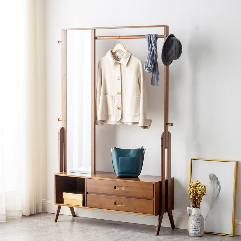 40.6'' Clothes Rack Storage Shelves Bamboo Garment Hanging Closet Systems with Mirror