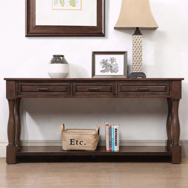 Longue console en bois avec 3 tiroirs et 1 tablette inférieure, Espresso