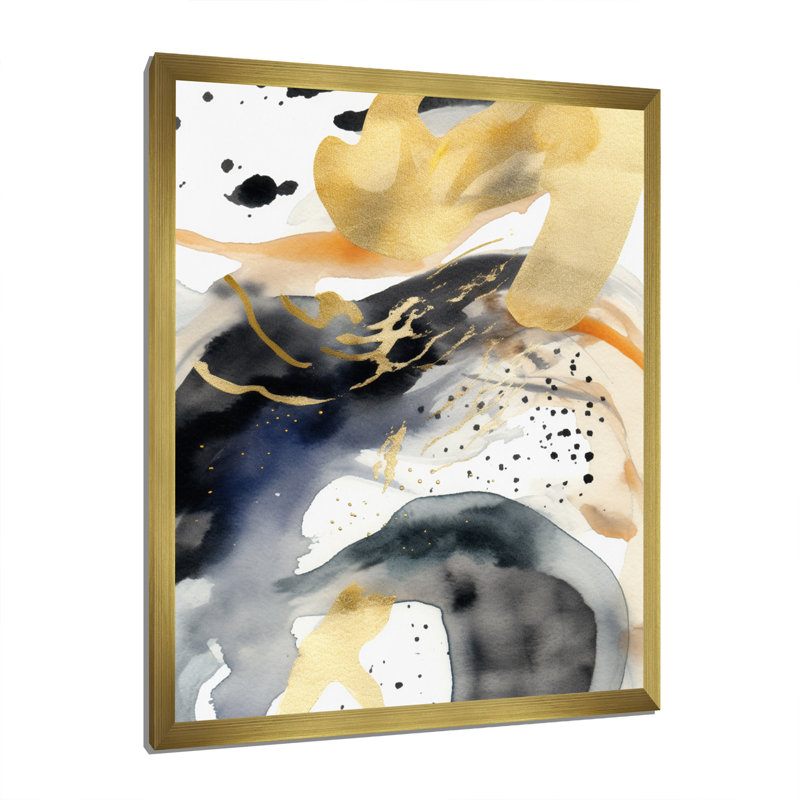 Abstrait pastel avec taches bleues noires et dorées I, Cadre doré à une seule photo, H 32 po x l 16 po x P 1 po