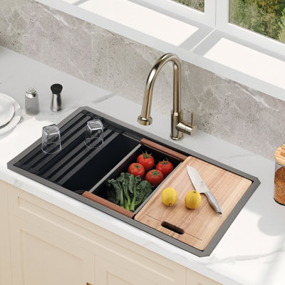 Évier de cuisine Stufurdecor de calibre 16 en acier inoxydable T304 avec station de travail, passoire, grille enroulable et grille inférieure