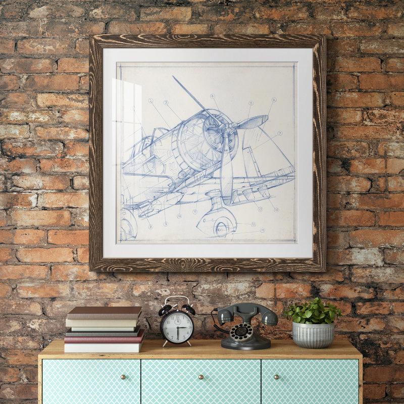 Croquis mécanique d'avion I-Premium, reproduction encadrée - prêt à être accroché, Papier avec cadre noyer, Blanc