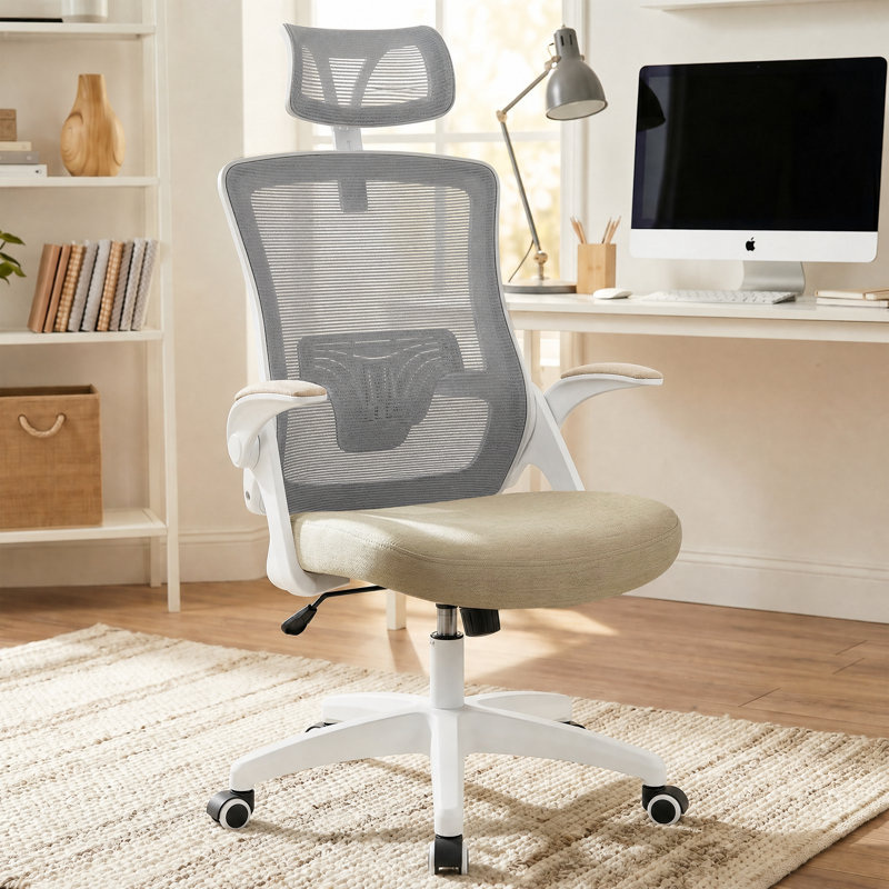 Chaise de bureau ergonomique Neeya, Base en plastique, Avec repose-tête, Beige