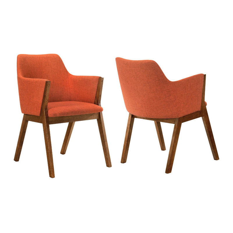Moberly Modern Dining Side Chairs with Arms in Fabric Upholstery and Wood, Walnut, Orange
