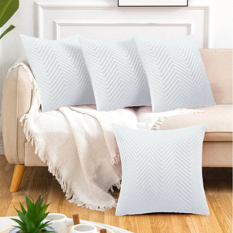 Luxury Chevron Embossed Quilted Pattern Velvet Cushion Cover Set (4-Pack) - Soft Throw Cushion Cover for Home Décor, White