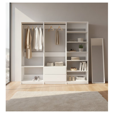 Prosper White Freestanding Walk-In Wood Closet System - Modular Storage Organizer with Oak Finish, Made in Vietnam