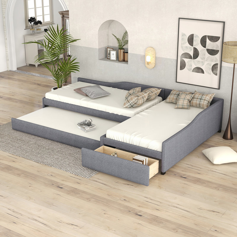 Upholstered Double Daybed With Trundle And Drawer, Grey