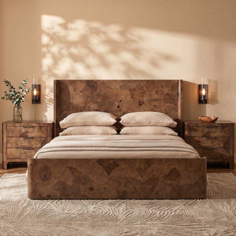 Ensemble de chambre à coucher moderne en bois massif 3 pièces Amandine, 3 Pcs: Bed, 2 Nightstands