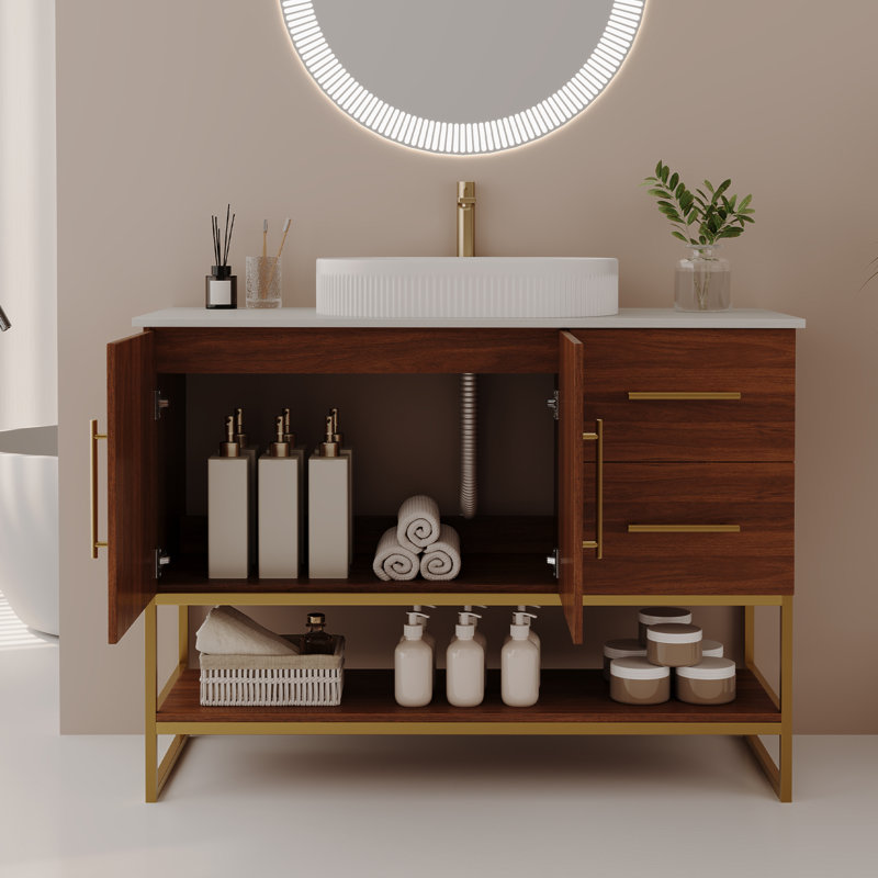 Meuble-lavabo moderne de 36 po avec lavabo vasque en céramique, armoire d'appoint dorée, Noyer