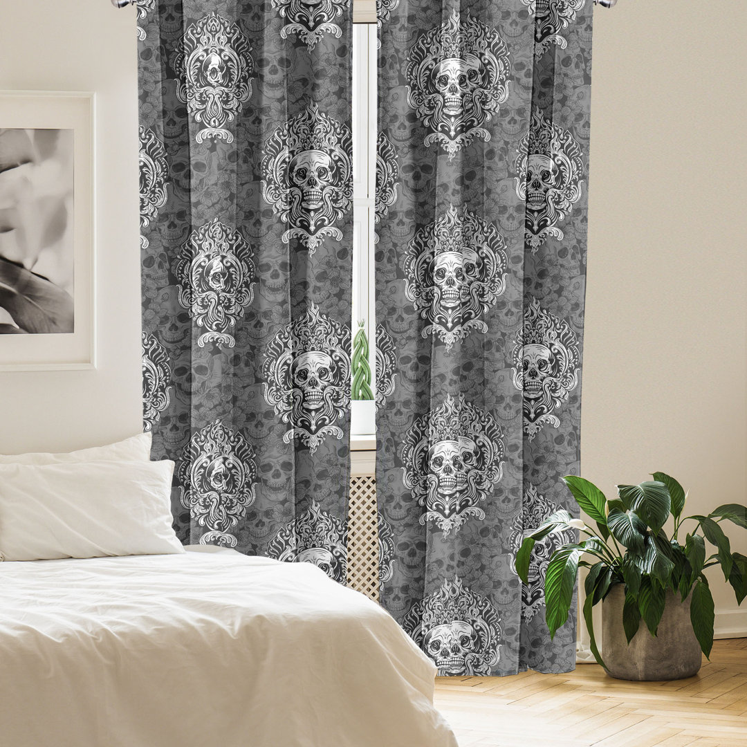 East Urban Home Gothic Curtains Achromatic Skulls Flowers Pair of 28 Charcoal Grey and White East Urban Home Size per