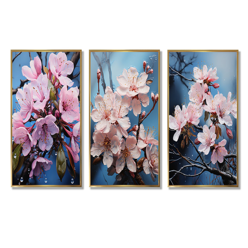 «Pink Celestial Blooms Radiance - Rhododendron», ensemble de 3 reproductions d'art sur toile, Cadre flottant doré