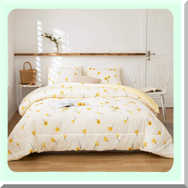Sunshine Blossom Reversible Comforter Set - Queen Size Floral Plaid Bedding with Cute Botanical Pattern, Flowers Design.