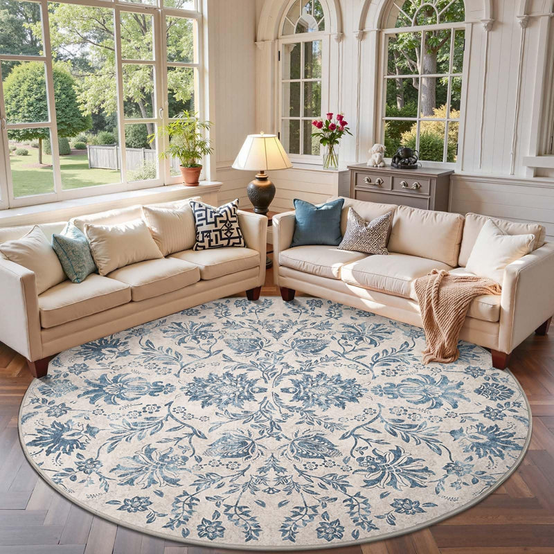 Geometric Floral Washable Non-Slip Area Rug, Timeless Dark Blue, 7'R