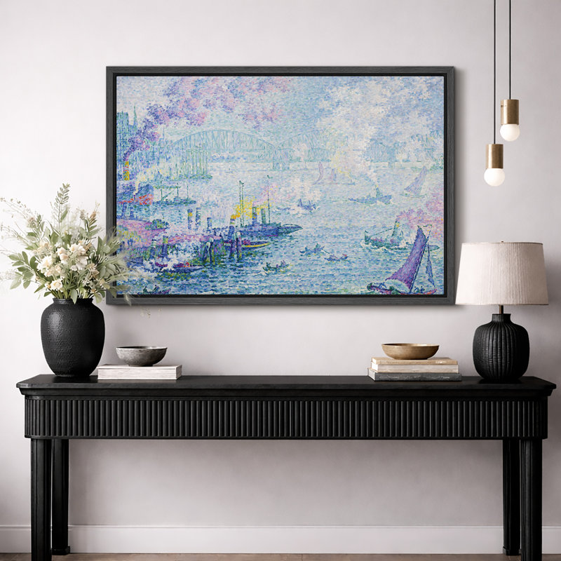 Harbour With Bridge Seascape Artwork, Coastal Living Room Pictures, Framed Canvas Giclee Print Wall Art., Black Floater Frame