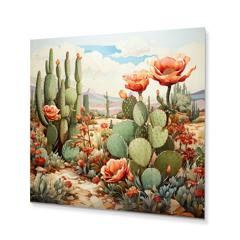 Cactus corail vert - pointillisme III - impression florale sur métal, H 16 po x l 16 po x P 1 po