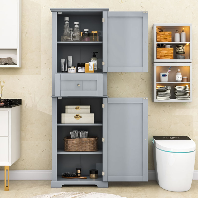 Luxurious Wood Bathroom Storage Cabinet with Adjustable Shelves, Gray, 67.5" H x 11.5" W x 22.5" D