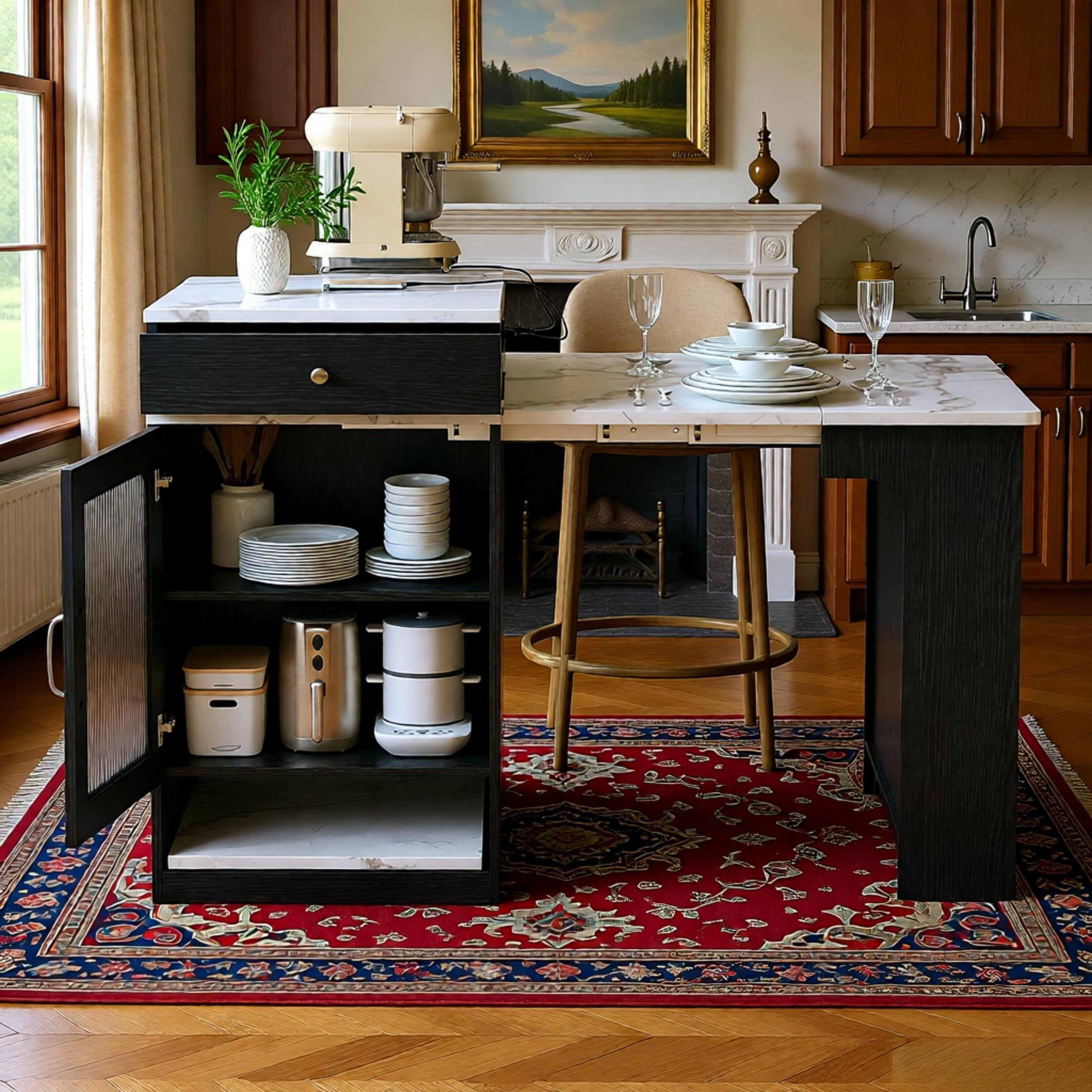Lark Manor 59.5"kitchen Island With Extendable Dining Table, Kitchen ...