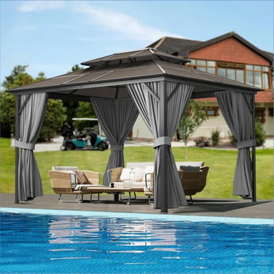 Pavillon de jardin rigide 10 pi x 10 pi, avec auvent de toit double en acier galvanisé, pavillon extérieur permanent en métal, avec filet et rideaux, pour la cour, le patio et la pelouse