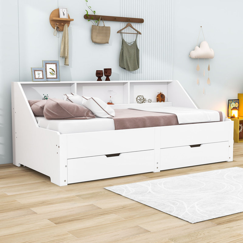 Twin to King Daybed with Storage Bookcases, Built-in Charging Station, Drawers and USB Ports, White