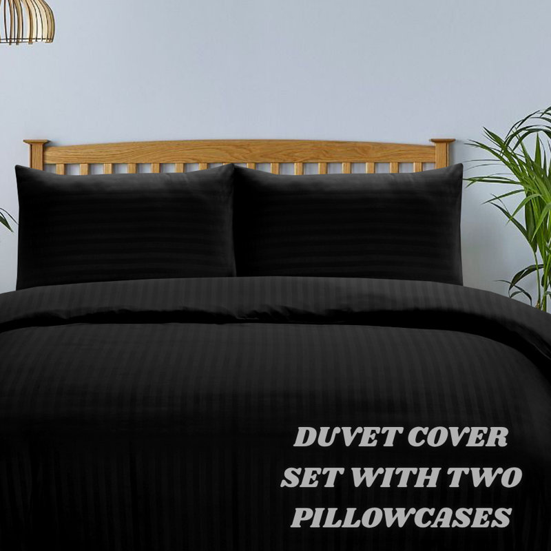 luxury Microfiber Satin Stripe Duvet cover set with 2 pillow cases , King Duvet Cover + 2 Standard Pillowcases, Black