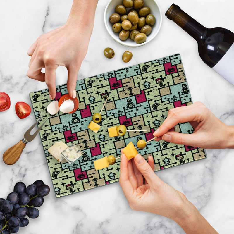 Ambesonne Space Tempered Glass Cutting Board Robots on Grid Squares Multicolor