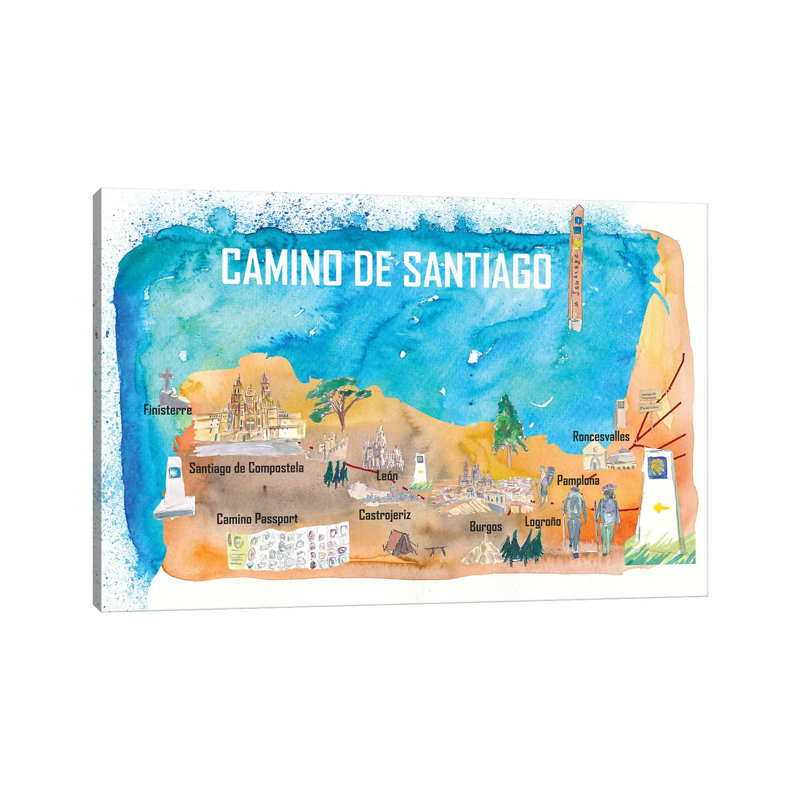 Camino Santiago St Jacques James Travel Poster Favorite Map Pilgrimage Highlights 1 Piece Wrapped Canvas Painting