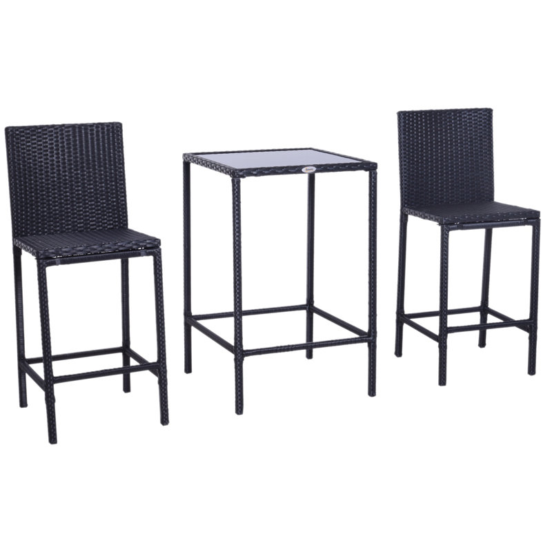 Ensemble de bar en rotin 3 pièces avec plateau en verre, 2 tabourets de bar pour l'extérieur, le patio, le jardin, le bord de la piscine