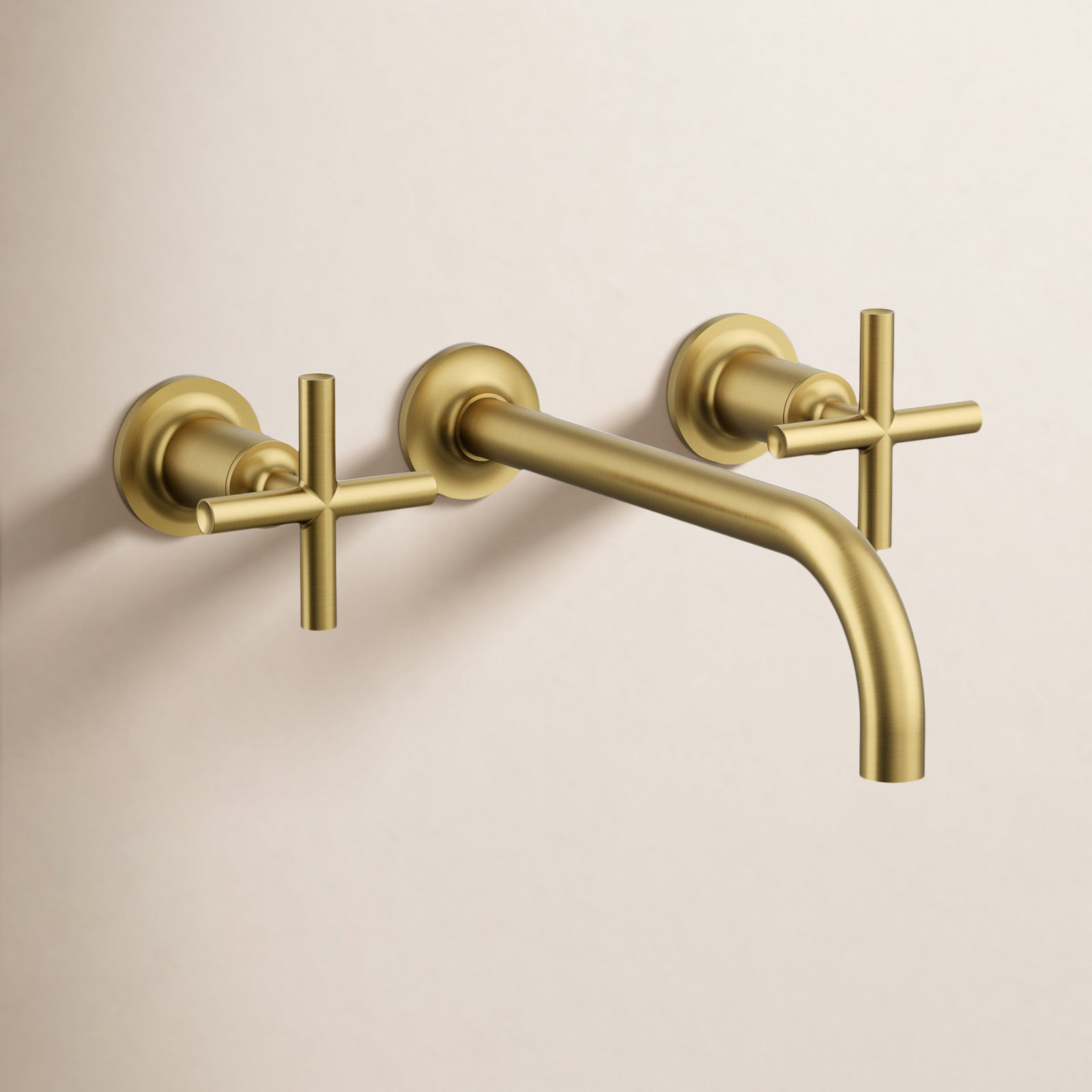 Purist Wall-Mounted Bathroom Sink Faucet, Vibrant Brushed Moderne Brass, Cross Handle